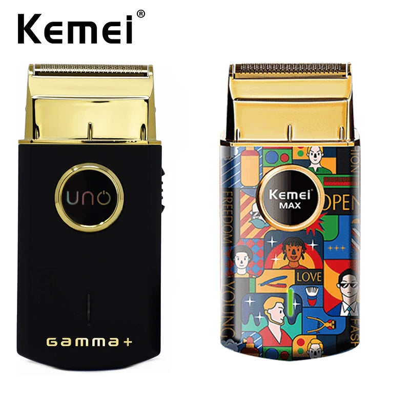 A black Kemei MAX foil shaver with a gold-colored head and packaging visible.
