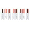 A row of twelve clear glass lip gloss tubes with rose gold caps, used as mini empty containers for DIY cosmetics.