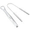A stainless steel tongue scraper set consisting of a handle and a scraper blade.