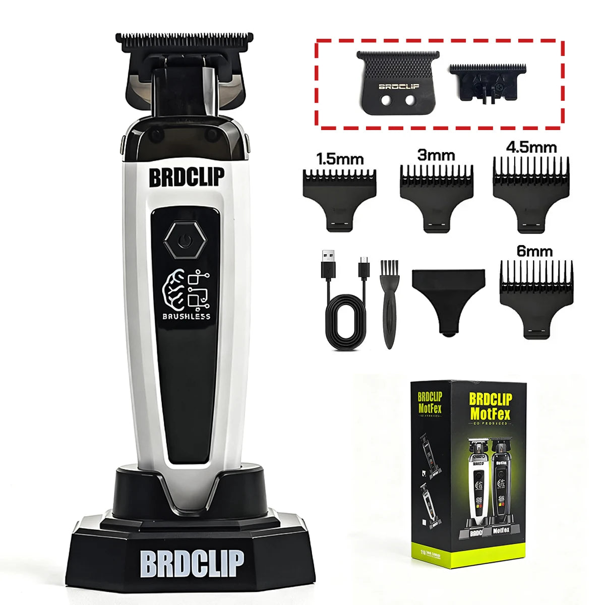 A BRDCLIP brushless rotary hair trimmer kit with various attachments shown on a white and black base.