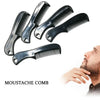 A set of black and silver beard combs shown with a man grooming his mustache.