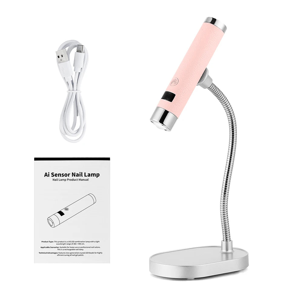 A pink AI sensor nail lamp with a silver base and flexible arm shown in a product manual context.