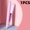 A pink mini portable flat iron hair straightener and curler is shown against a light pink background.
