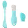 Herramienta de masaje facial y limpieza de poros de silicona azul claro con mango y cabezal de cepillo.