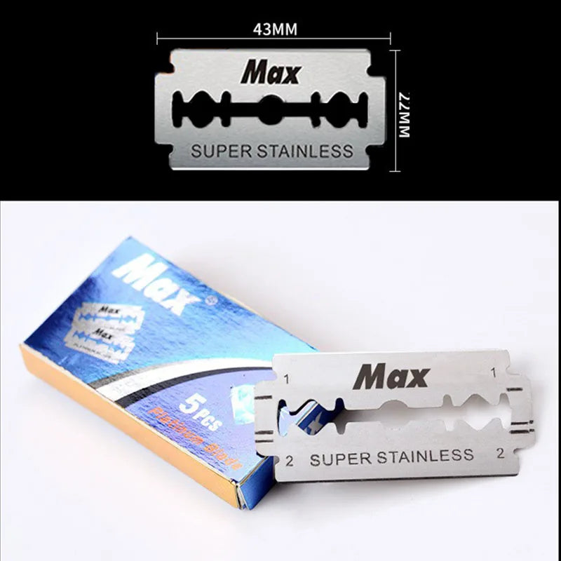 A silver stainless steel razor labeled Max showing the product dimensions and features.