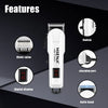 White professional rechargeable hair clipper trimmer showing features like blade spine, digital display, switch, charging por