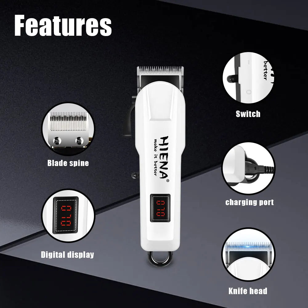 White professional rechargeable hair clipper trimmer showing features like blade spine, digital display, switch, charging por