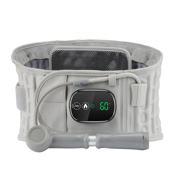 A light gray inflatable back heating support belt with a digital temperature display and control unit.