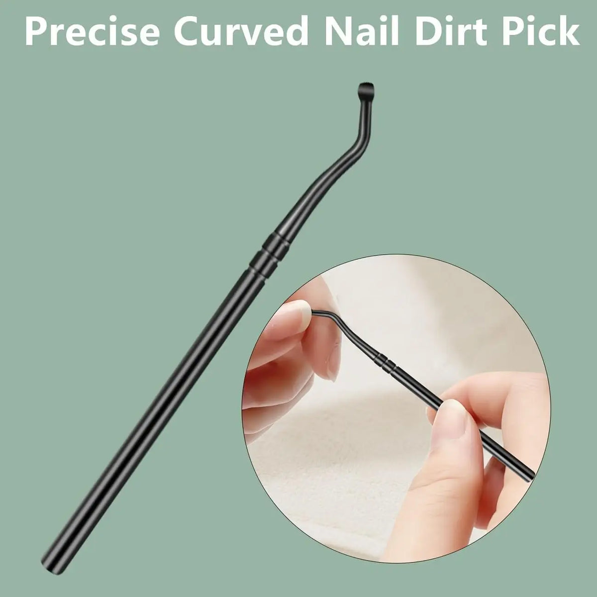 A black curved nail dirt pick tool is shown next to a close-up of a hand using the tool.