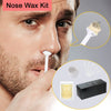 A man is shown applying a nose wax kit, with an inset showing the applicator and packaged wax.