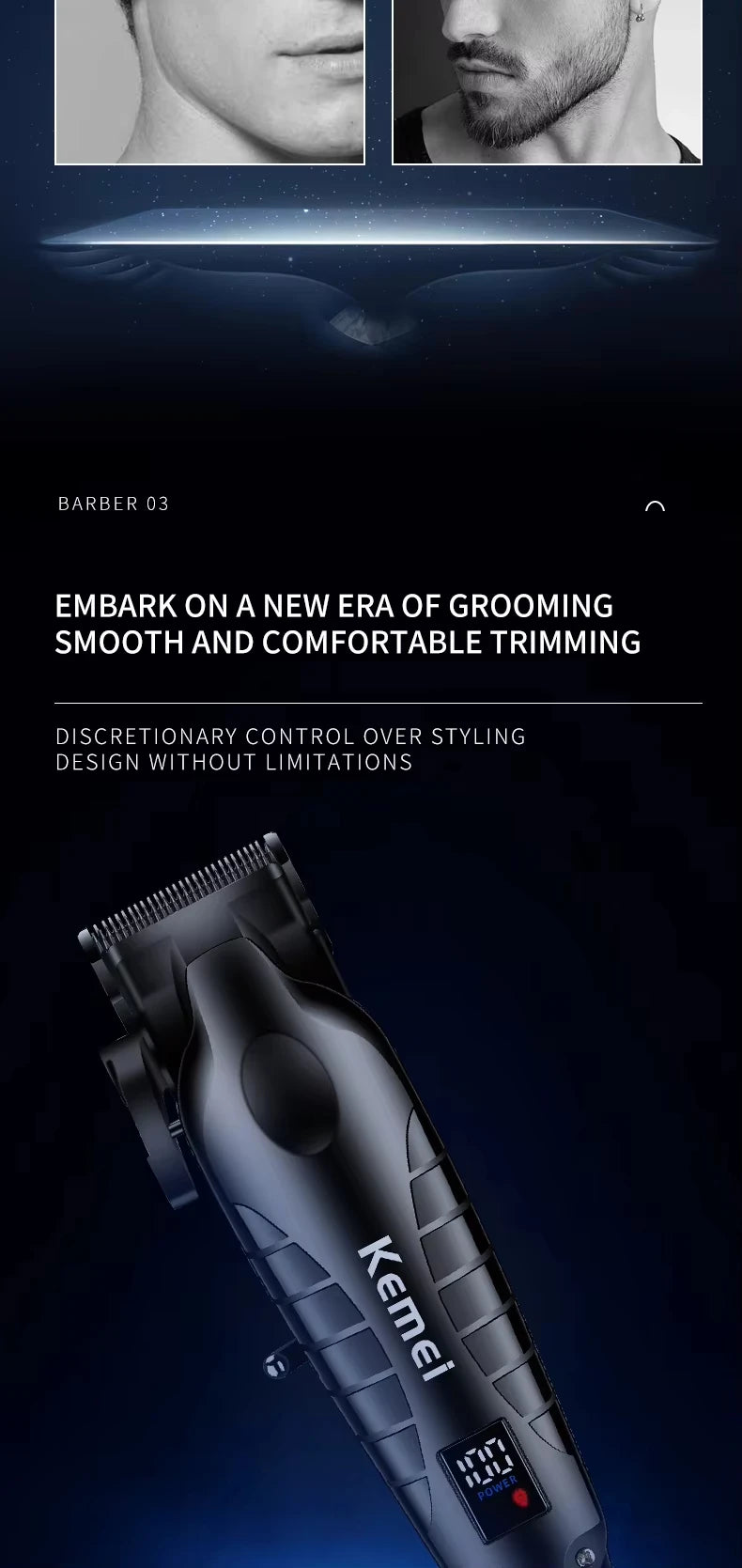 A black Kemei electric hair clipper is shown in a close-up, angled view against a dark background.