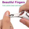 A hand uses a professional stainless steel cuticle nipper to trim and clean fingernails.