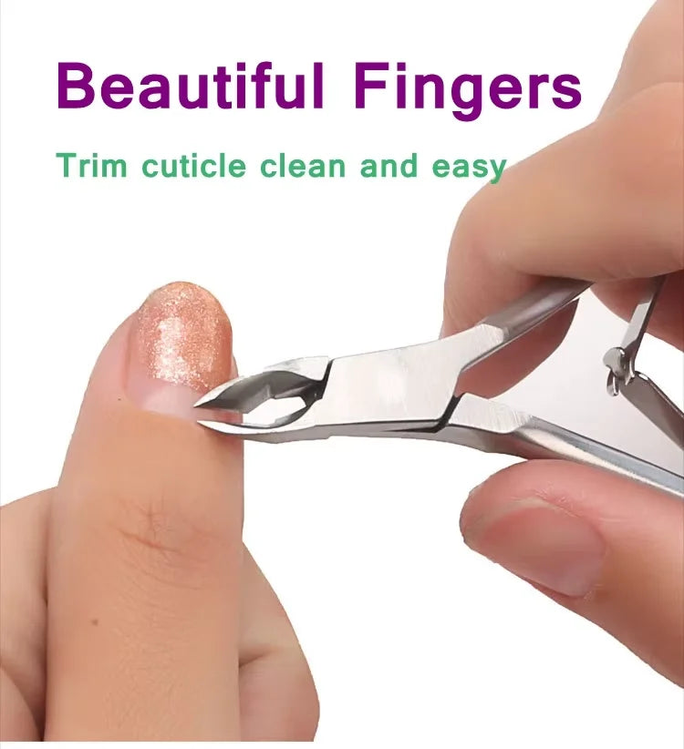 A hand uses a professional stainless steel cuticle nipper to trim and clean fingernails.