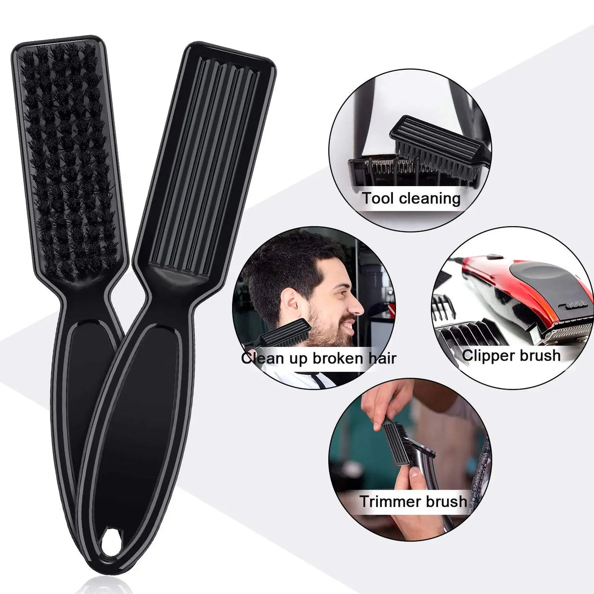 A set of black multifunctional plastic and nylon cleaning brushes including a comb, tool cleaning brush, clipper brush, and t