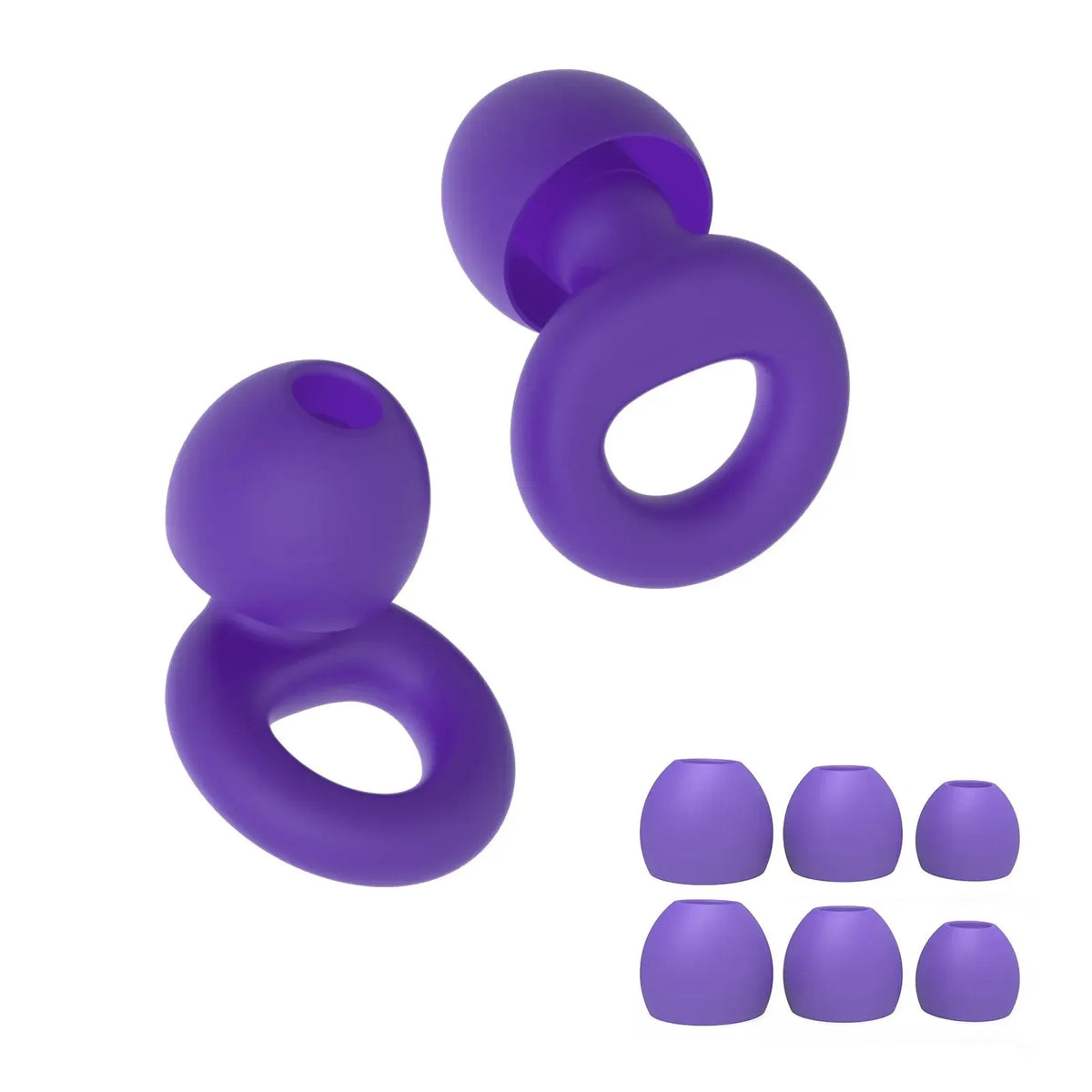 Un ensemble de bouchons d'oreille en silicone violet pour réduire le bruit, présentés sous diverses formes et des bouchons in