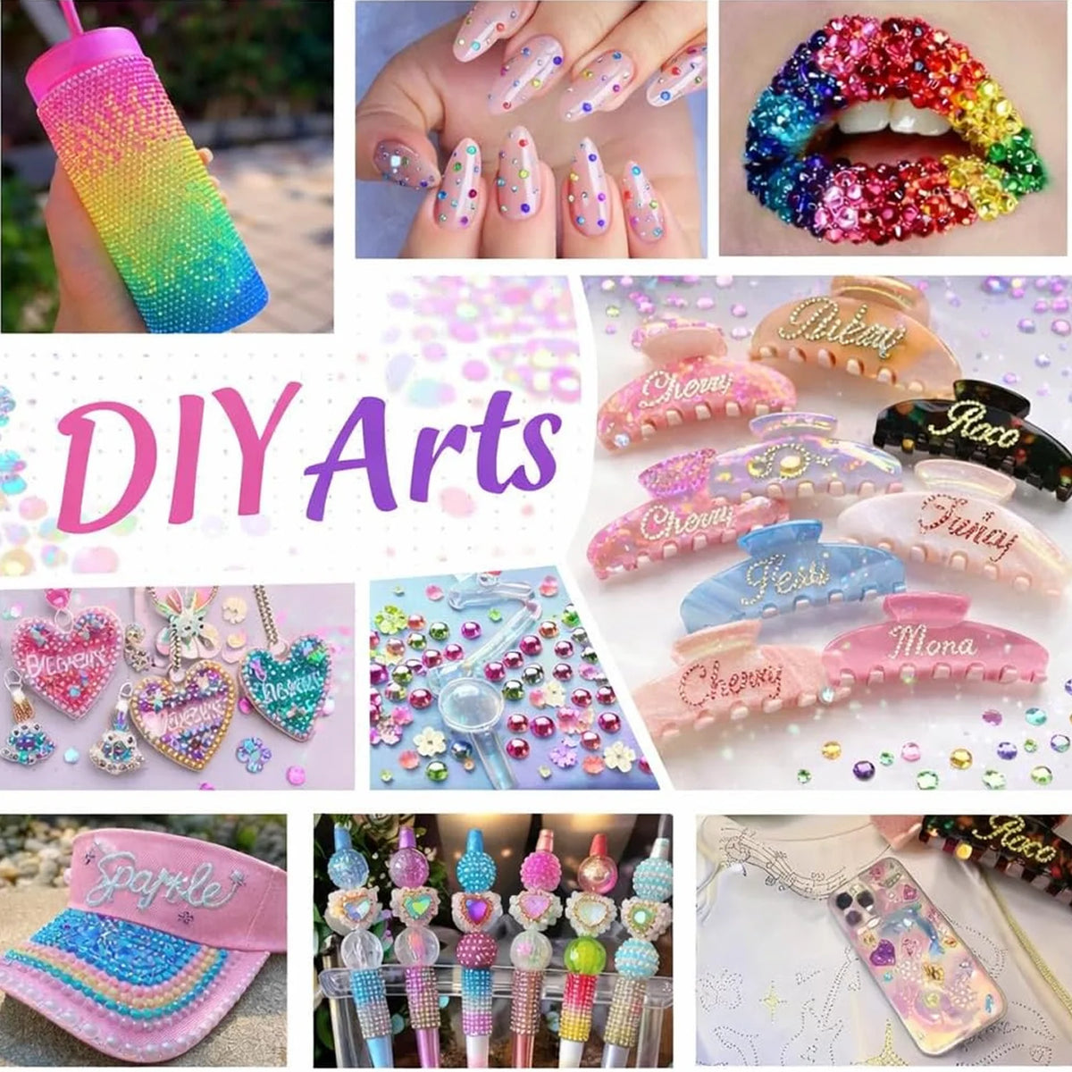 Collection de décorations et fournitures d'artisanat en strass colorés pour projets DIY.