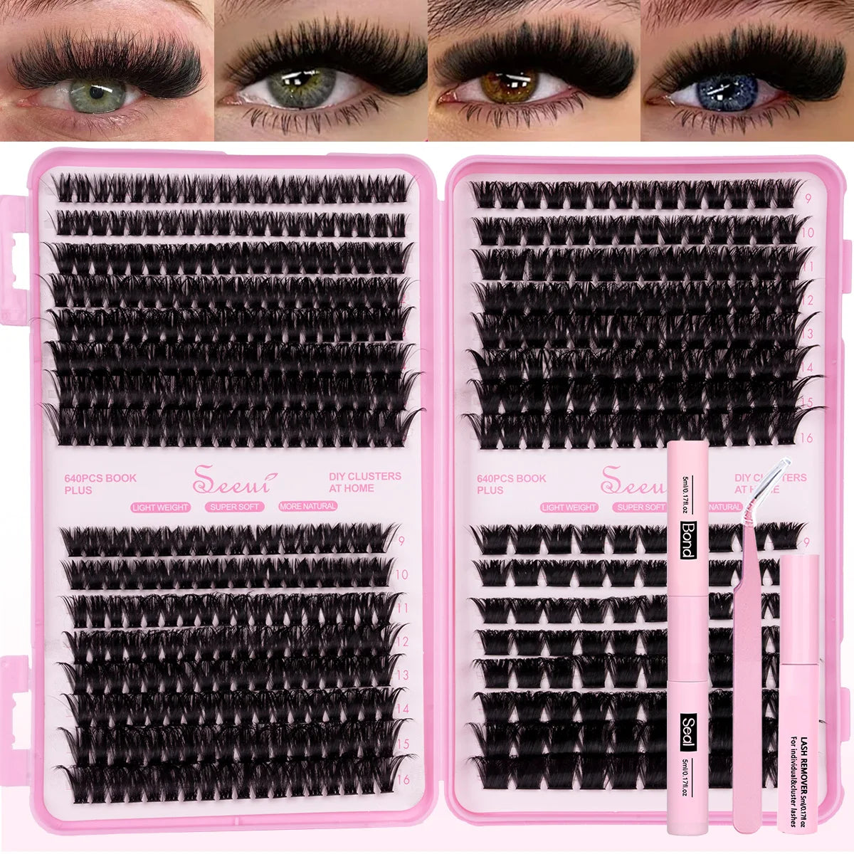 Un kit professionnel de faux cils pour extensions, avec faux cils noirs et outils d'application.
