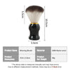 A black shaving brush with a gold base shown next to its dimensions.