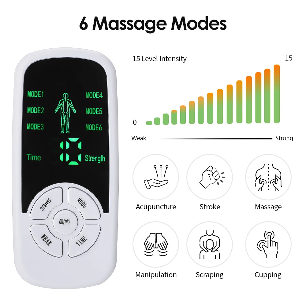 A white portable muscle relaxer device showing six massage modes and a 15-level intensity scale.