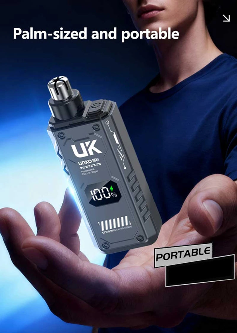 A hand holds a palm-sized, portable electric trimmer device with a silver and black casing.