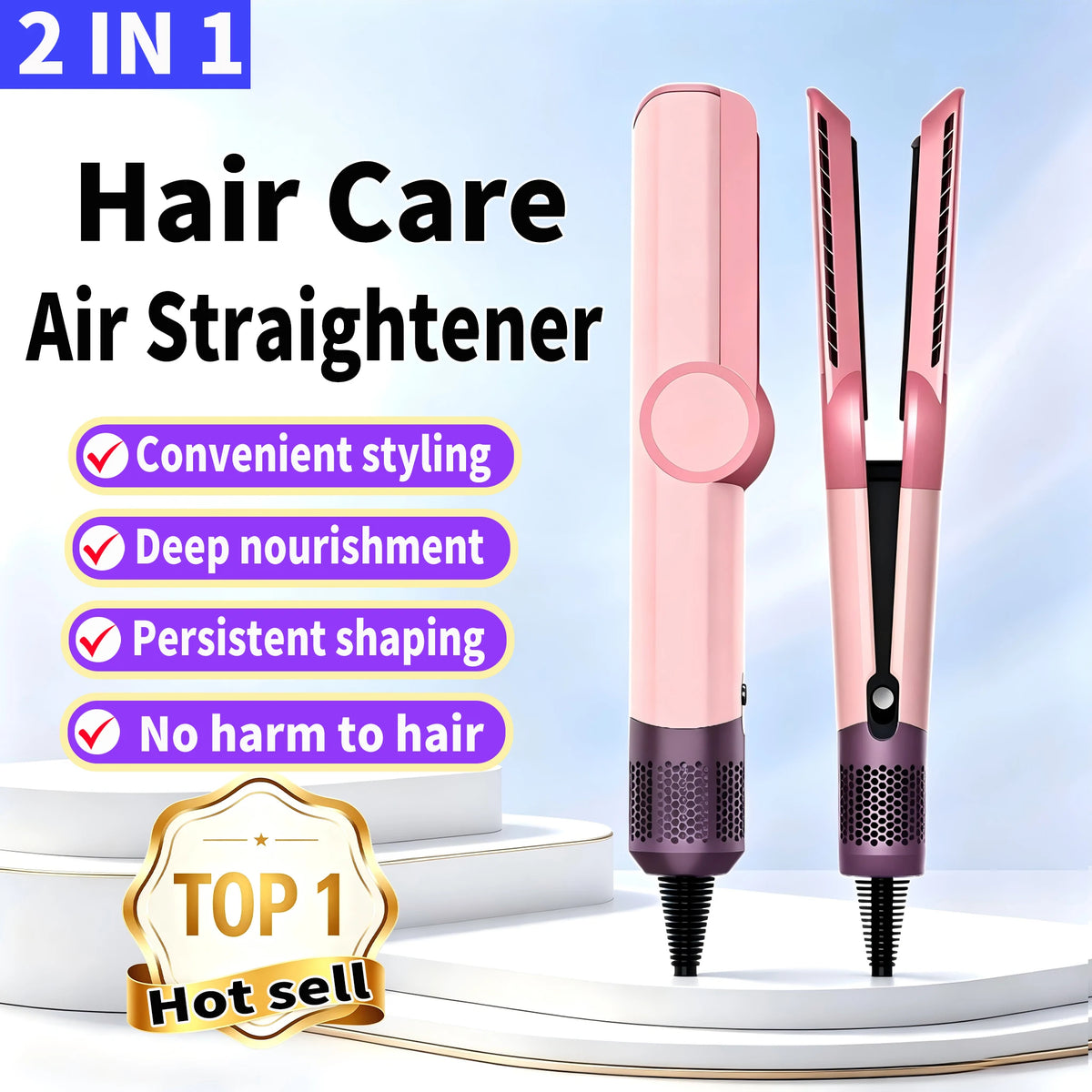 Pink 2-in-1 hair care air straightener with a black nozzle and styling tools shown on a white background