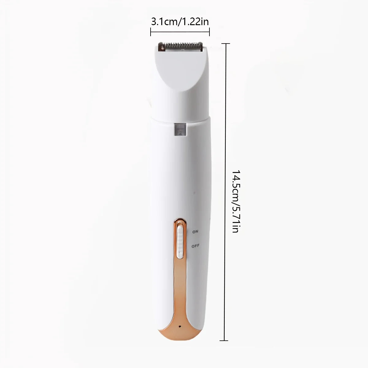 A white electric shaver and trimmer with a copper-colored base, shown vertically.