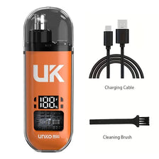 An orange portable electric nose ear hair trimmer with a charging cable and cleaning brush.