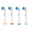 Four replacement toothbrush heads for electric toothbrushes in white, blue, and red colors.
