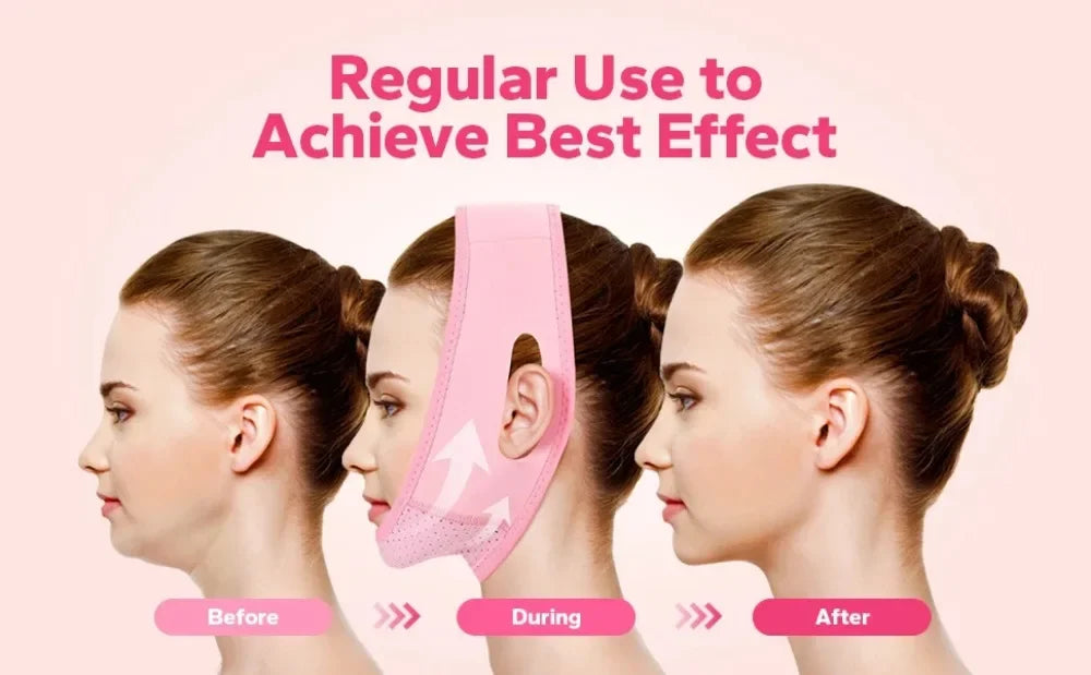 Three women show before during and after using a pink V-Line face shaping strap for jawline and double chin