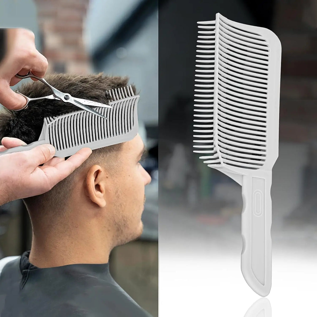 A white professional flat top hair cutting comb is shown next to a hand holding it, demonstrating its use.