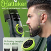 A man is shown using a green and black cordless beard trimmer, highlighting its temples, jawline, and chin areas.
