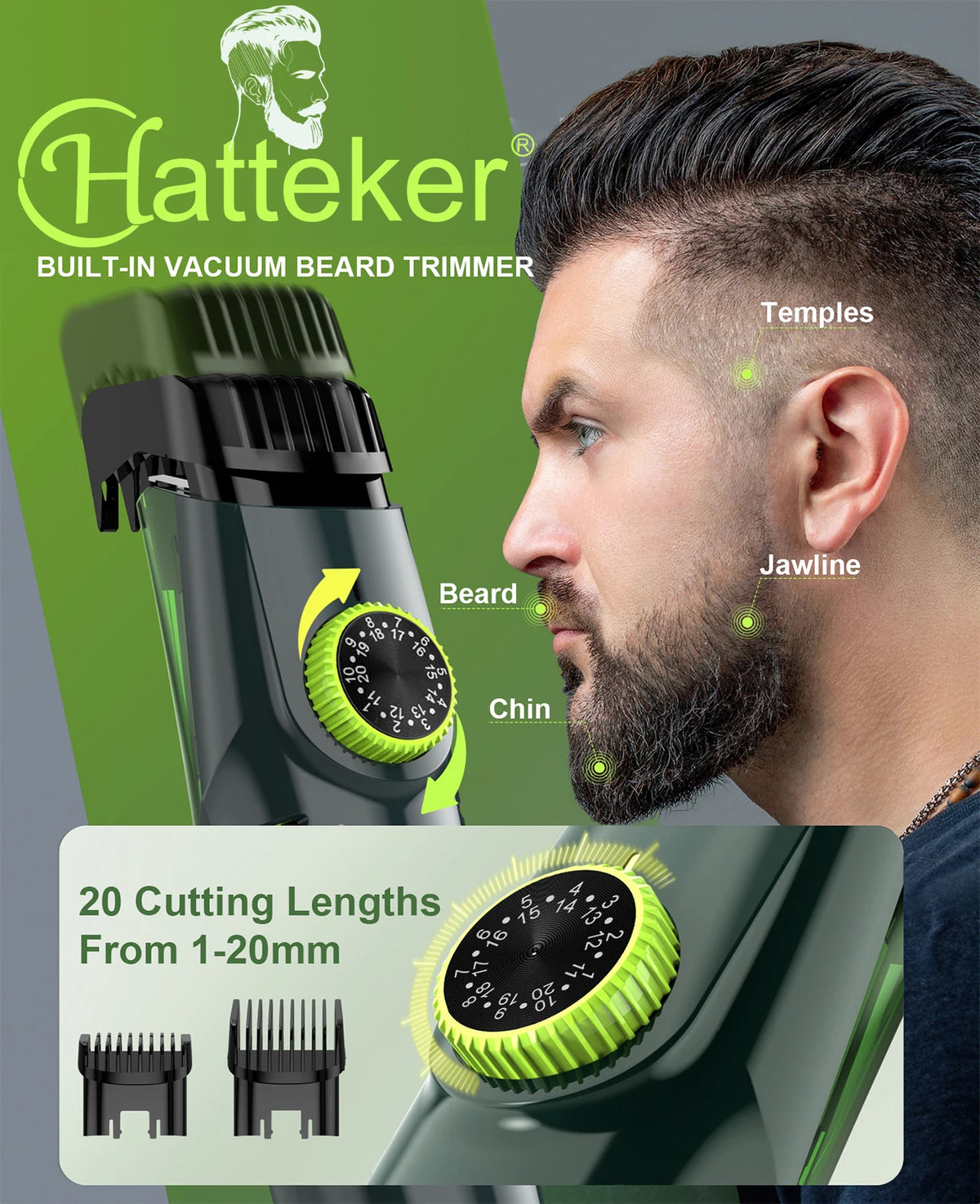 A man is shown using a green and black cordless beard trimmer, highlighting its temples, jawline, and chin areas.