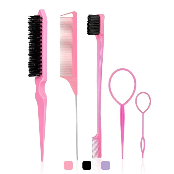 A pink hair styling tool kit featuring a black rat tail comb, a pink comb, and a pink edge brush.