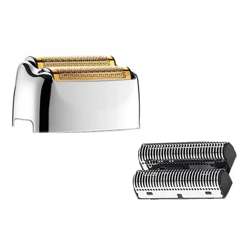 Silver professional rechargeable electric hair clippers with gold-colored cutting combs.