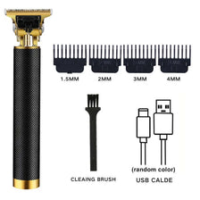 A professional cordless hair clipper set showing a gold body, cleaning brush, and USB cable.