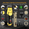 A 3-in-1 Men's Barber and Grooming Kit featuring professional hair clippers, a T-blade trimmer, and a nose hair trimmer.
