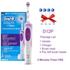 A purple and white Oral-B Vitality electric toothbrush set with a box showing the product details.