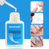 A bottle of MAXBOND PRO'S CHOICE NAILGLUE brush-on nail glue with various application examples.