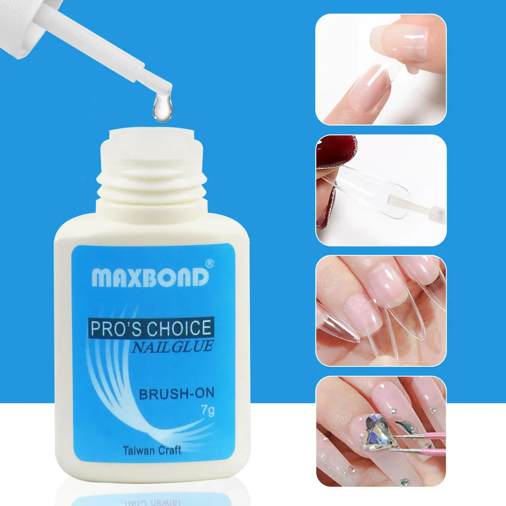 A bottle of MAXBOND PRO'S CHOICE NAILGLUE brush-on nail glue with various application examples.