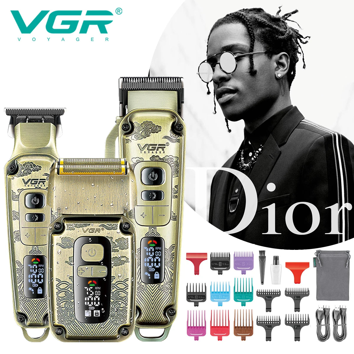 A set of VGR electric hair trimmers and grooming tools displayed against a white background.