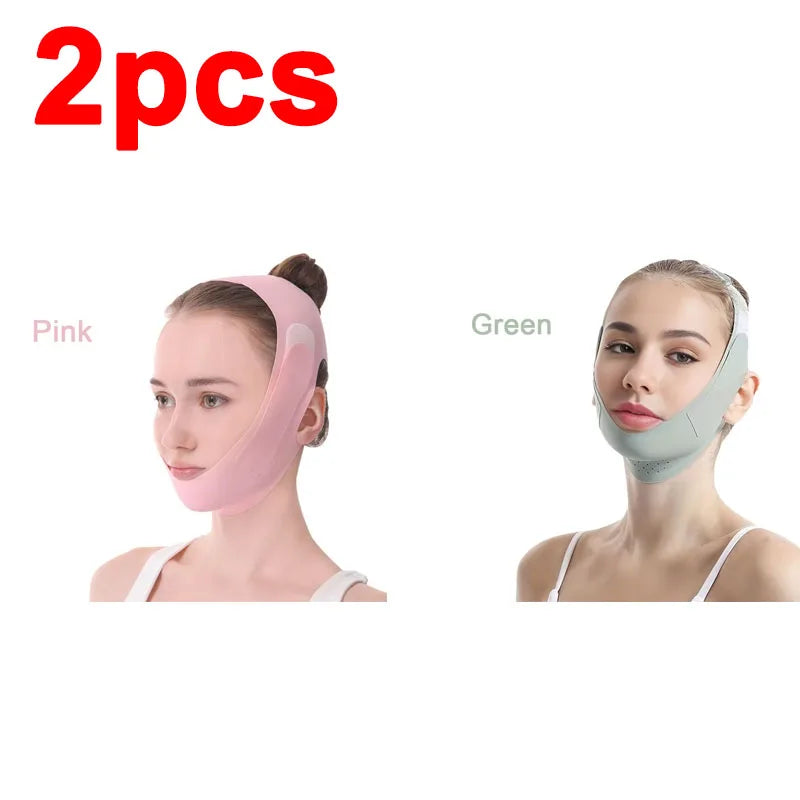 Zwei rosa und grüne V-Line Gesichtsstraffungsbinden auf den Gesichtern von Models.