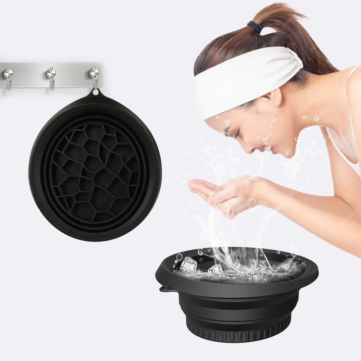 A woman is using a black silicone foldable ice bath bowl for facial plunge, with water splashing around her face.