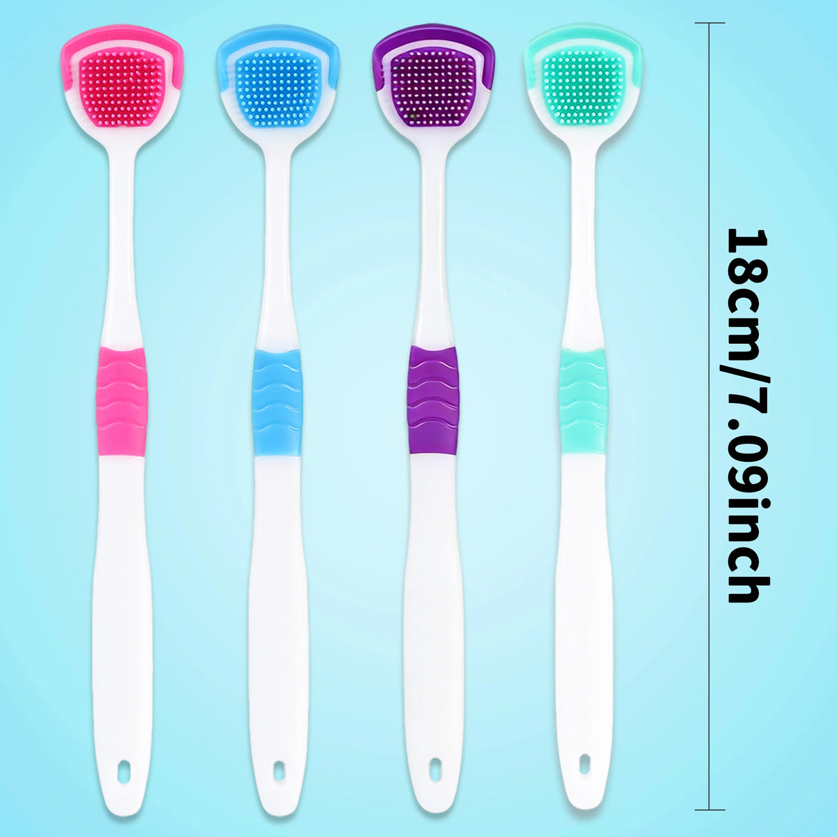 A set of four reusable tongue scrapers in various colors including pink blue purple and teal against a light blue background.