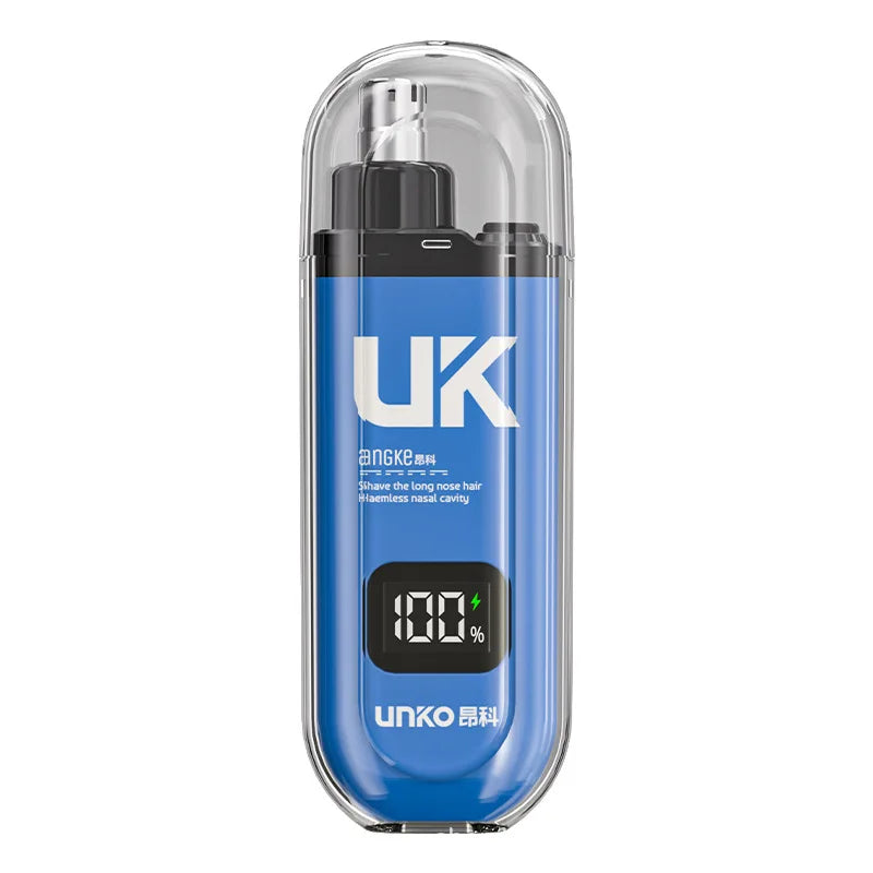 A clear plastic container of the UNKO electric trimmer for nose, ear, and eyebrow hair removal.