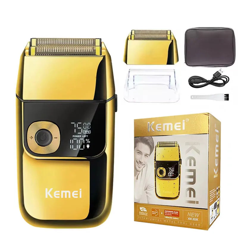 A yellow and black electric shaver with a gold metal tool head and accessories is shown.