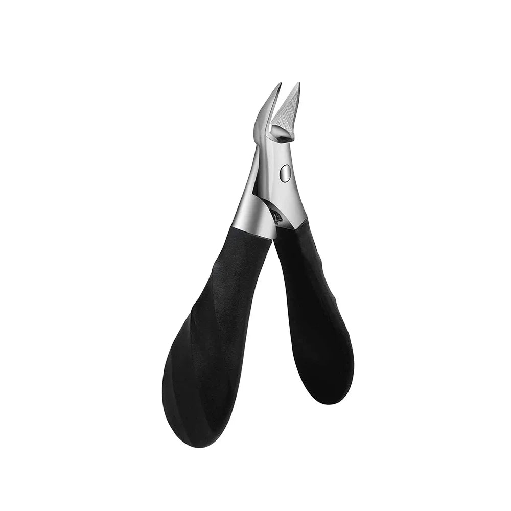 A pair of stainless steel nail clippers with black handles shown against a white background.