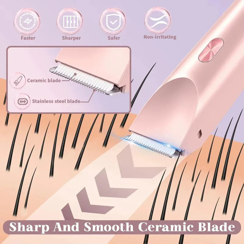 Primer plano de un removedor eléctrico rosa con cuchilla de cerámica tocando la piel, resaltando características como más ráp