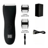 A black professional body and personal hair trimmer with multiple guide combs and a power cord.