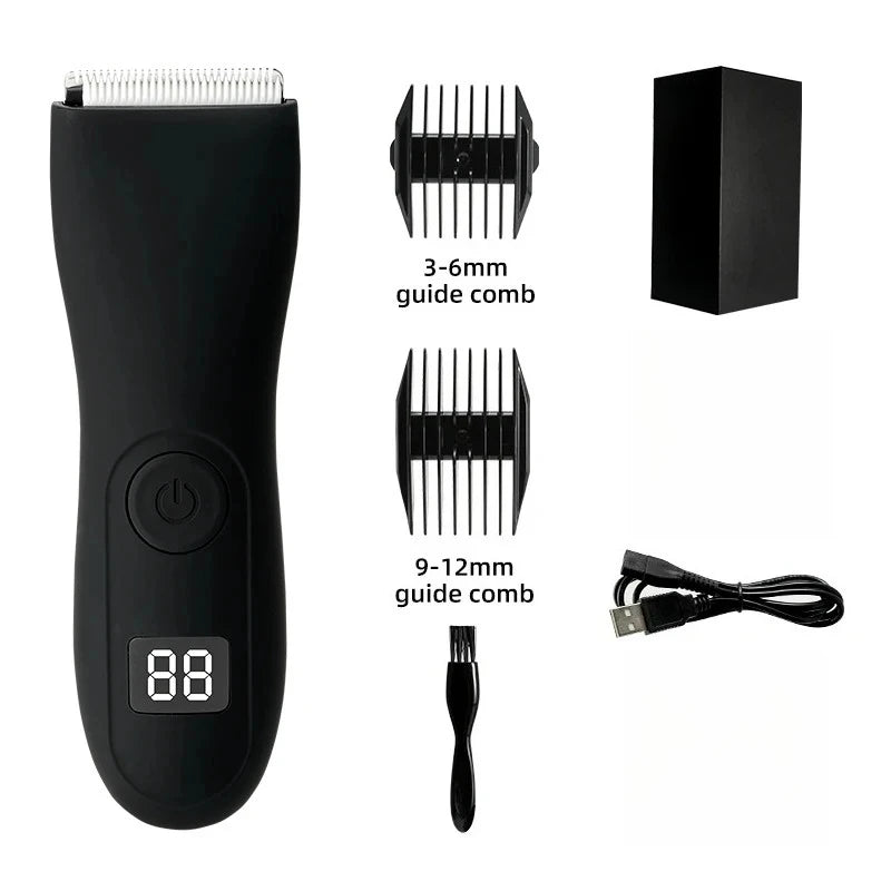 A black professional body and personal hair trimmer with multiple guide combs and a power cord.