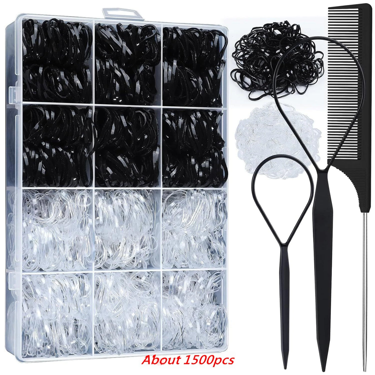 A set of 24-color hair ties for styling and braiding, including a comb and a hair pick.